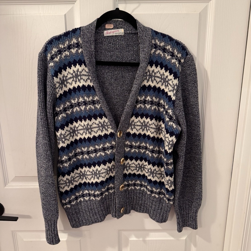 Vintage Rabspun Of Scotland Men's M/L  PP102 Wool‎ Cardigan Collared Neck Button